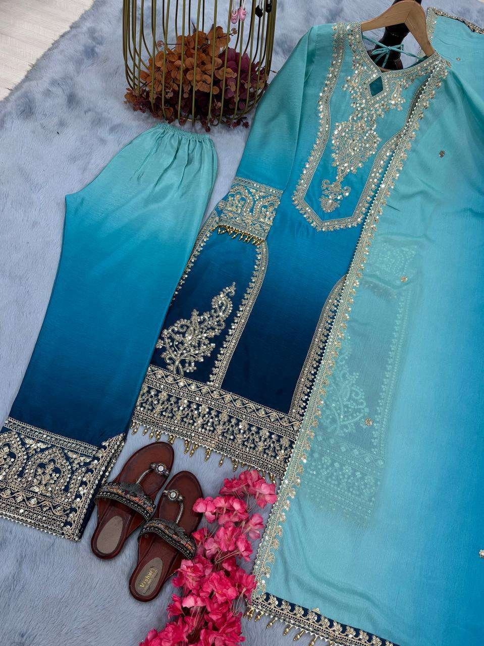 Women's Chinon Silk Embroidery Straight Pakistani Salwar Suit and Dupatta - Image 5