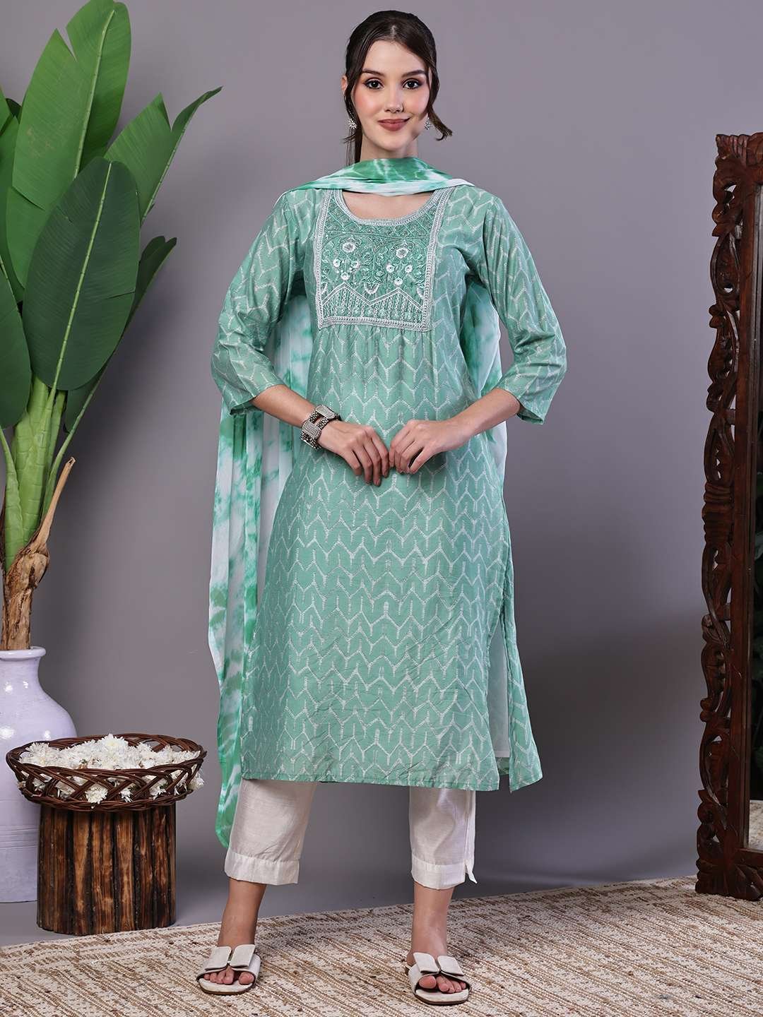 Women's Mint Green Chanderi Embroidered Kurta Set with Dupatta Suit Sets