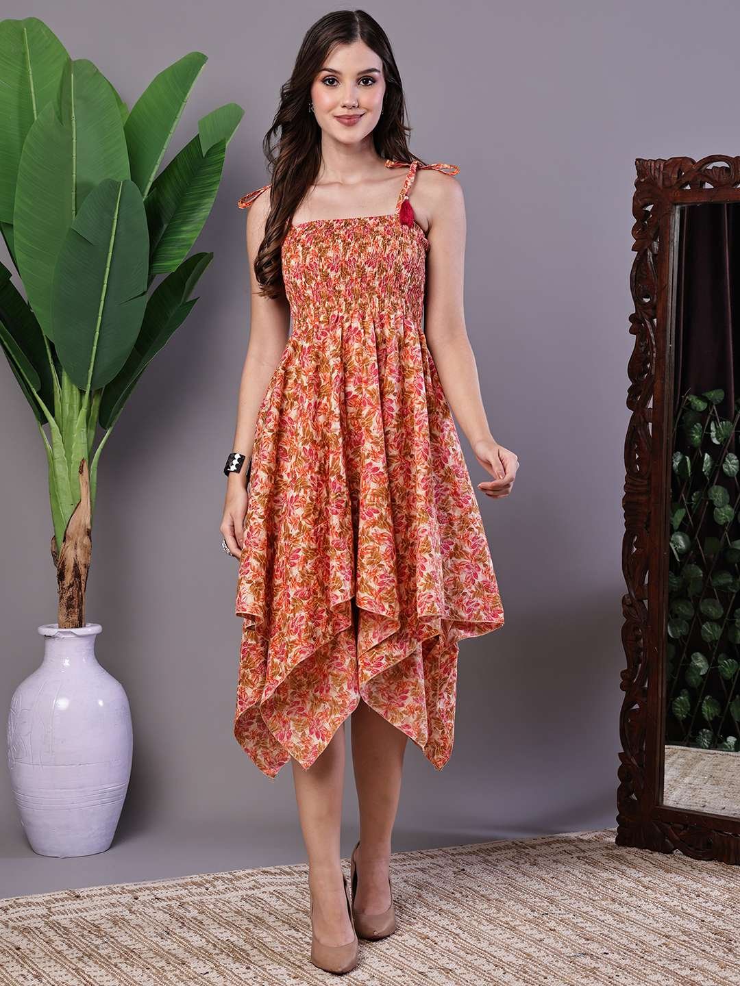 Women's MultiColor Floral Printed Cotton Handkerchief Hem Dress Midi Dresses